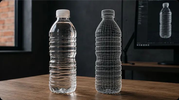 Physical water bottle next to 3D wireframe mesh model